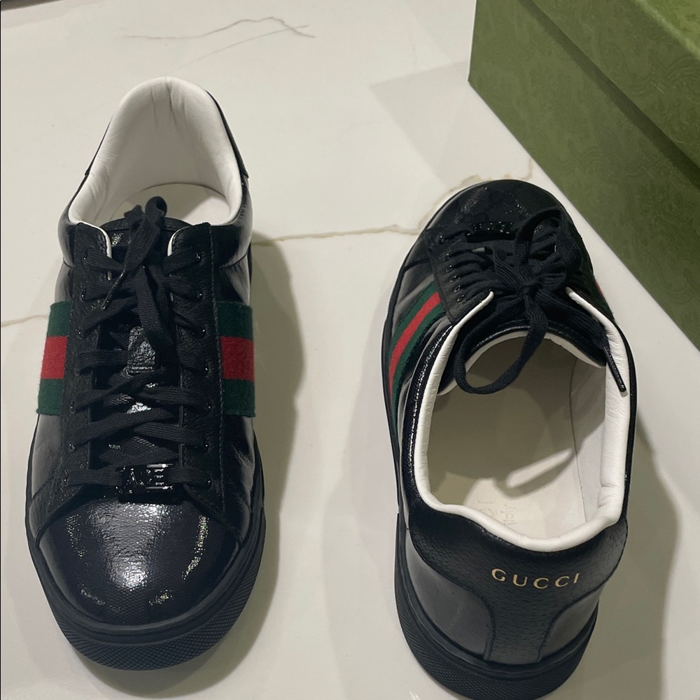 Gucci NWT Men's Patent Black Leather Ace Sneakers w/ Red & Green Stripes 9.5US - Picture 8 of 16